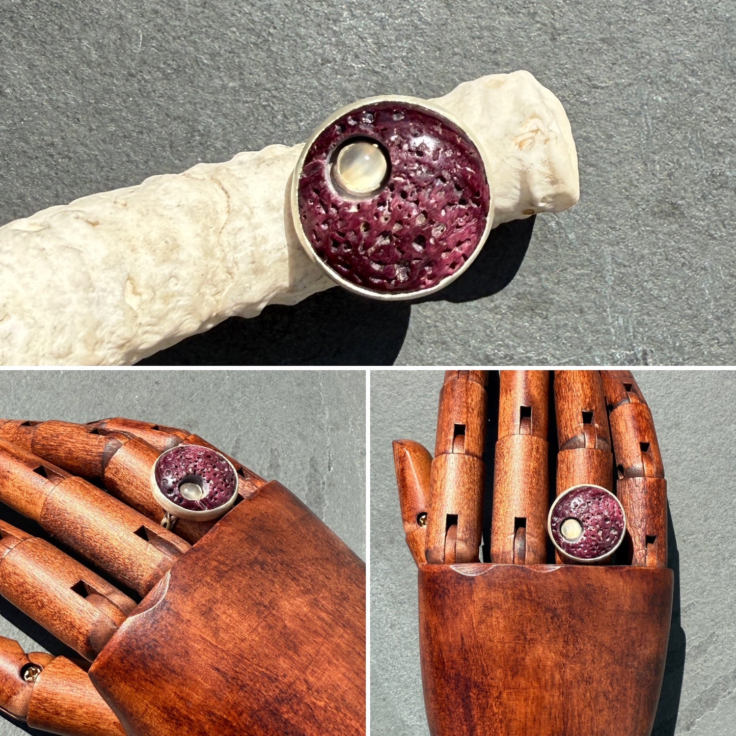 Celestial Fusion Ring: Sterling Silver, Purple Spiny Oyster & Moonstone - size 5.75