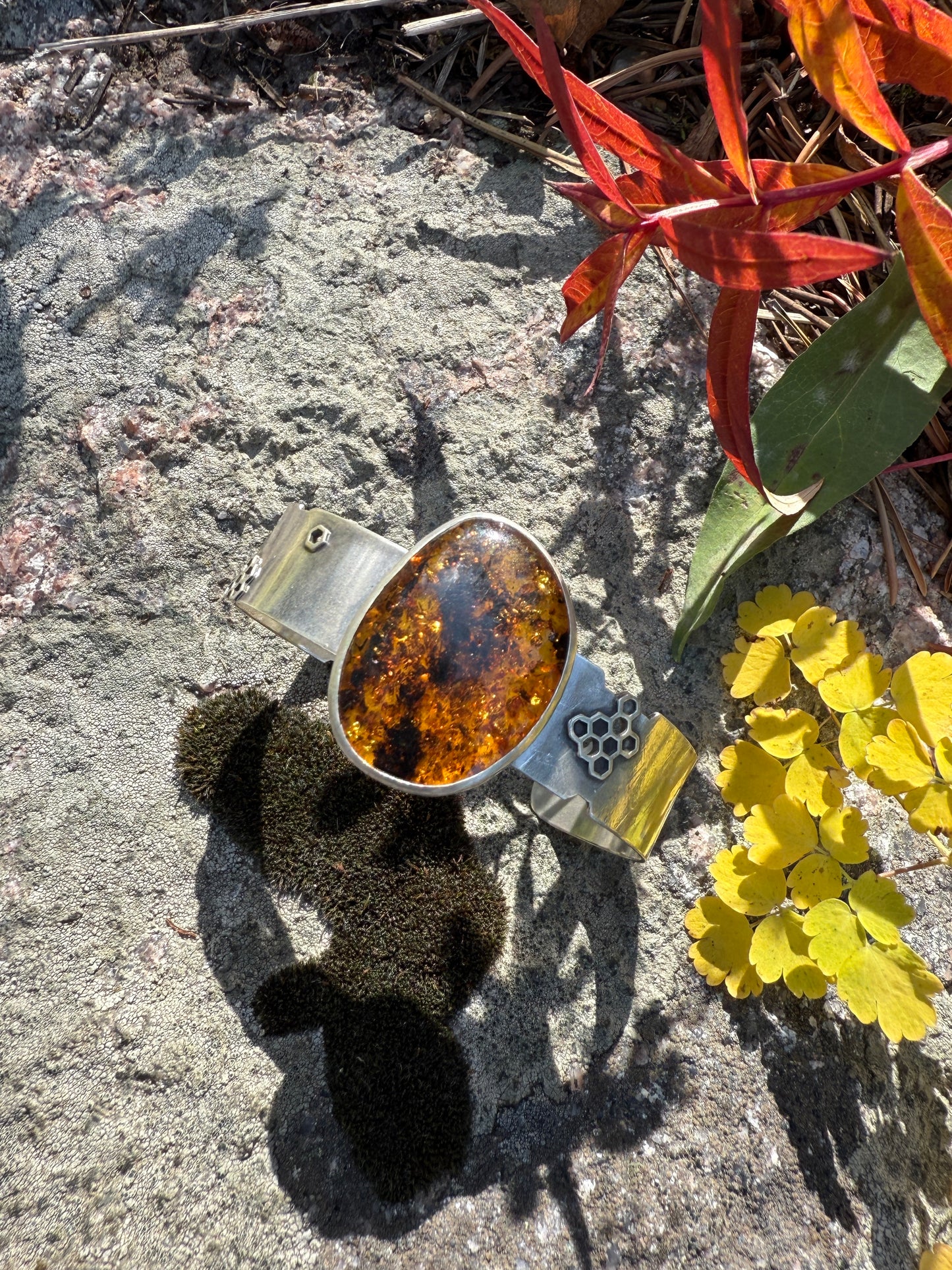 Sunlit Hive Cuff: Sterling Silver & Baltic Amber