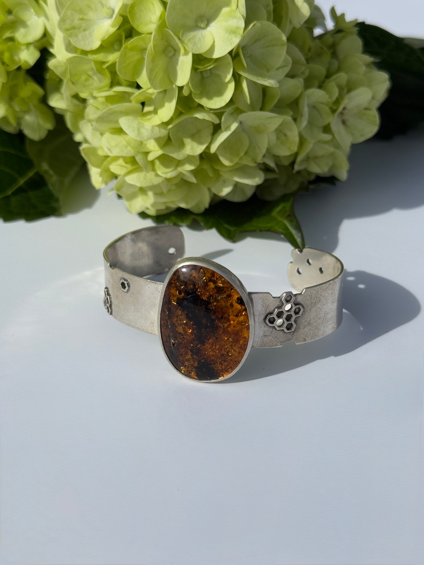 Sunlit Hive Cuff: Sterling Silver & Baltic Amber