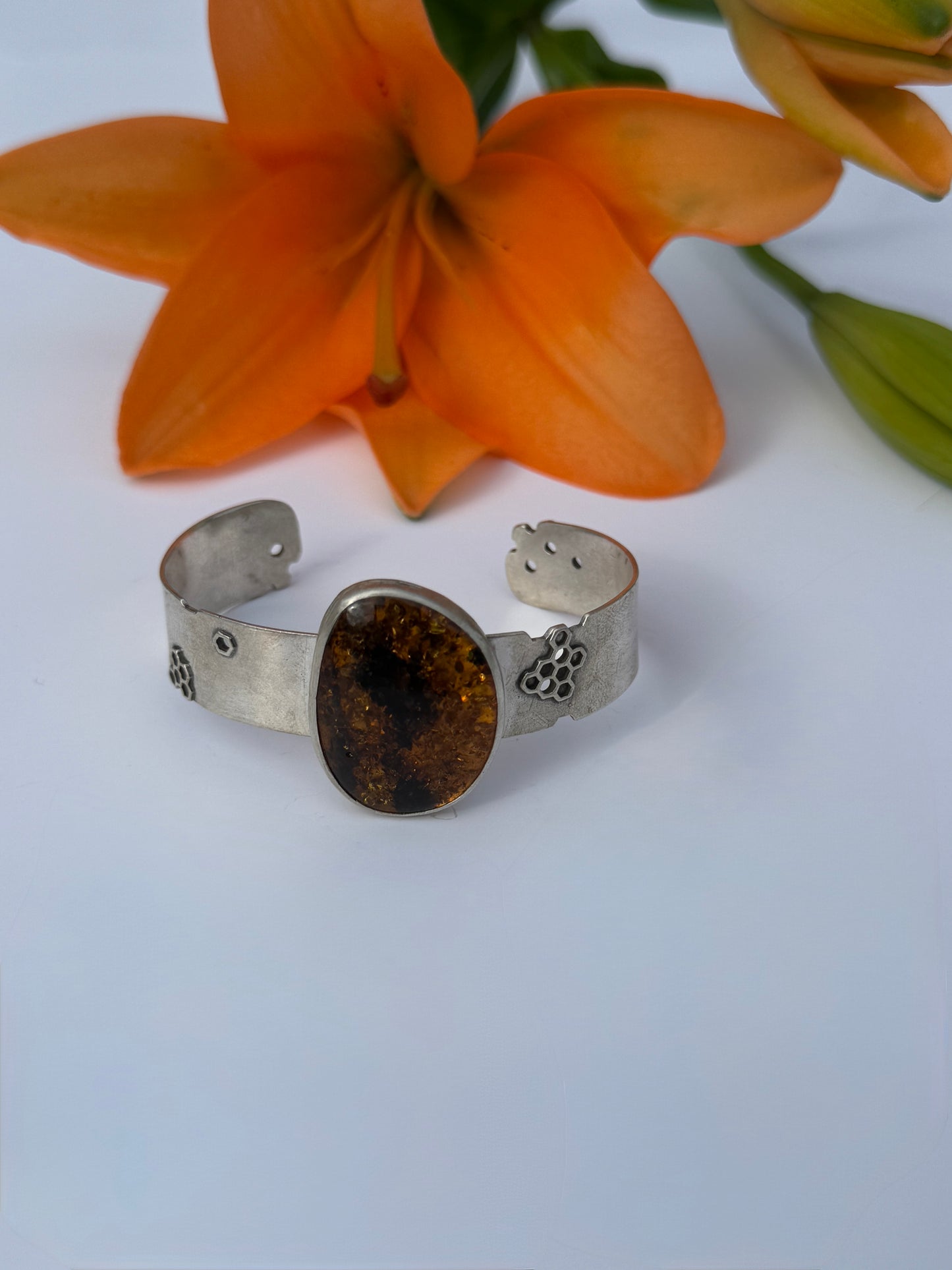 Sunlit Hive Cuff: Sterling Silver & Baltic Amber