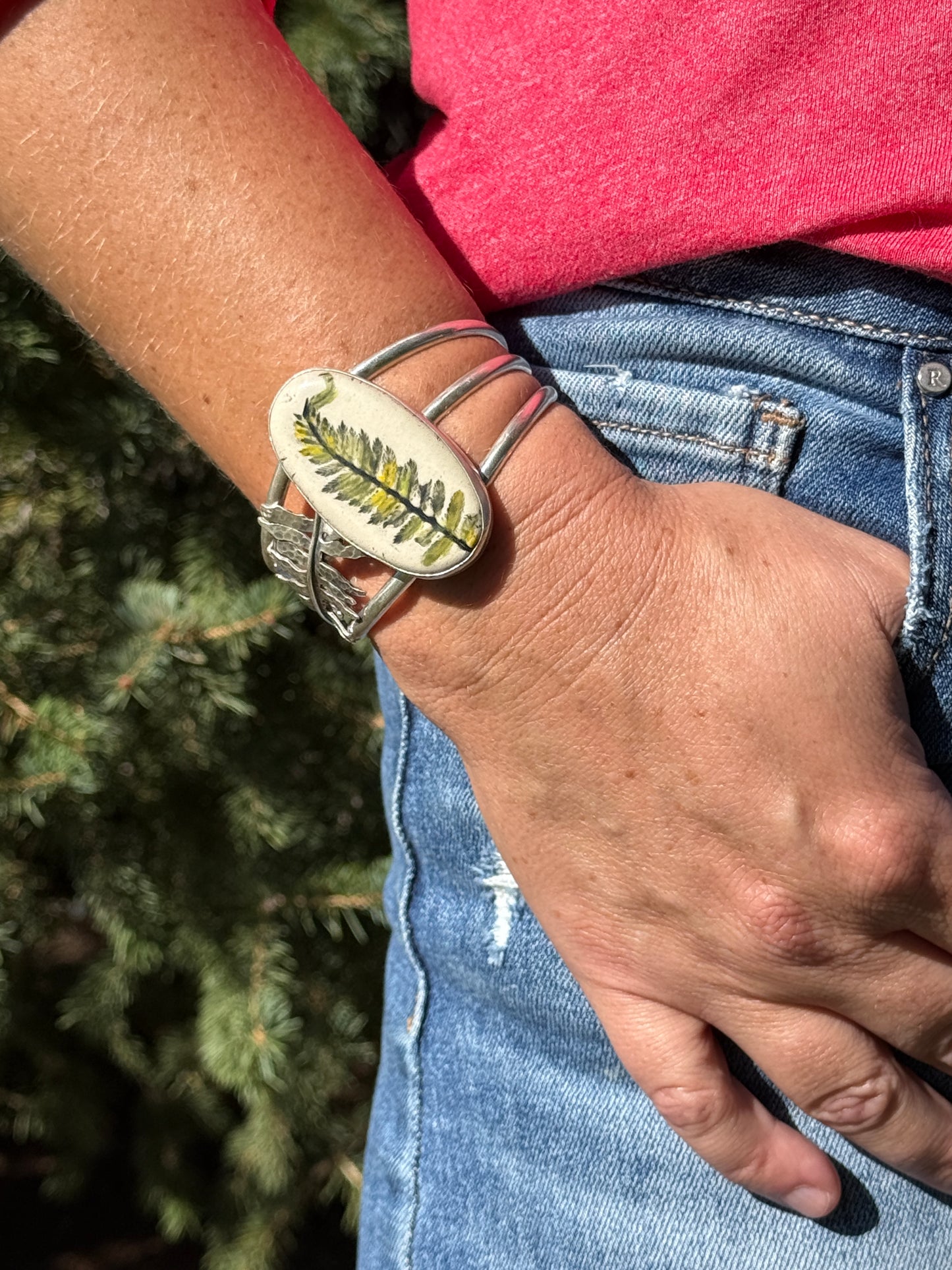 Sanctuary Cuff: Sterling Silver & Ceramic Sword Fern