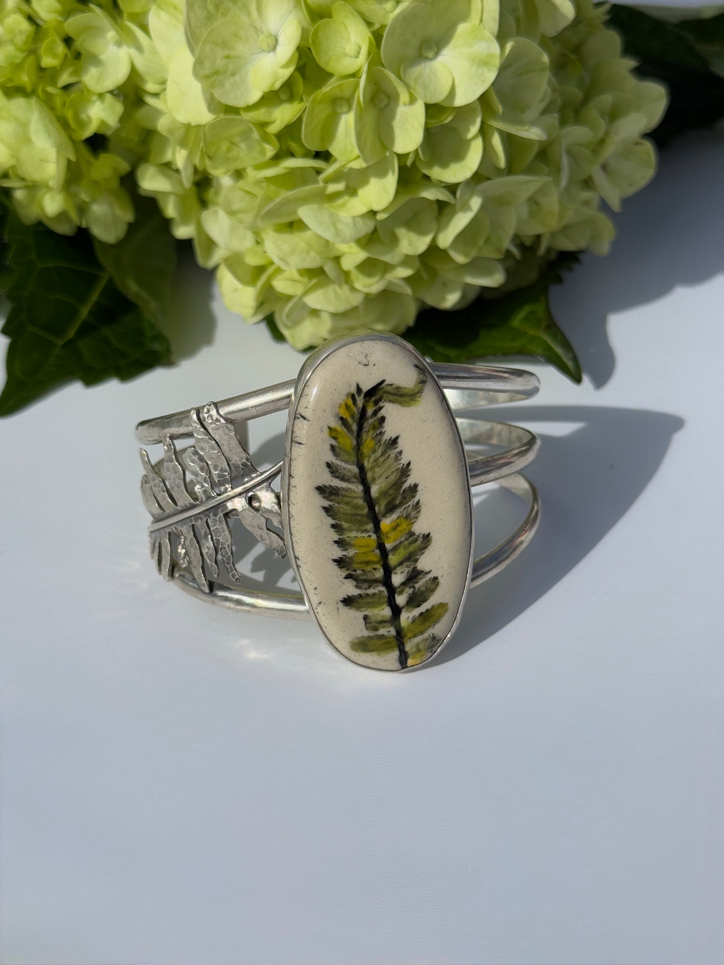 Sanctuary Cuff: Sterling Silver & Ceramic Sword Fern