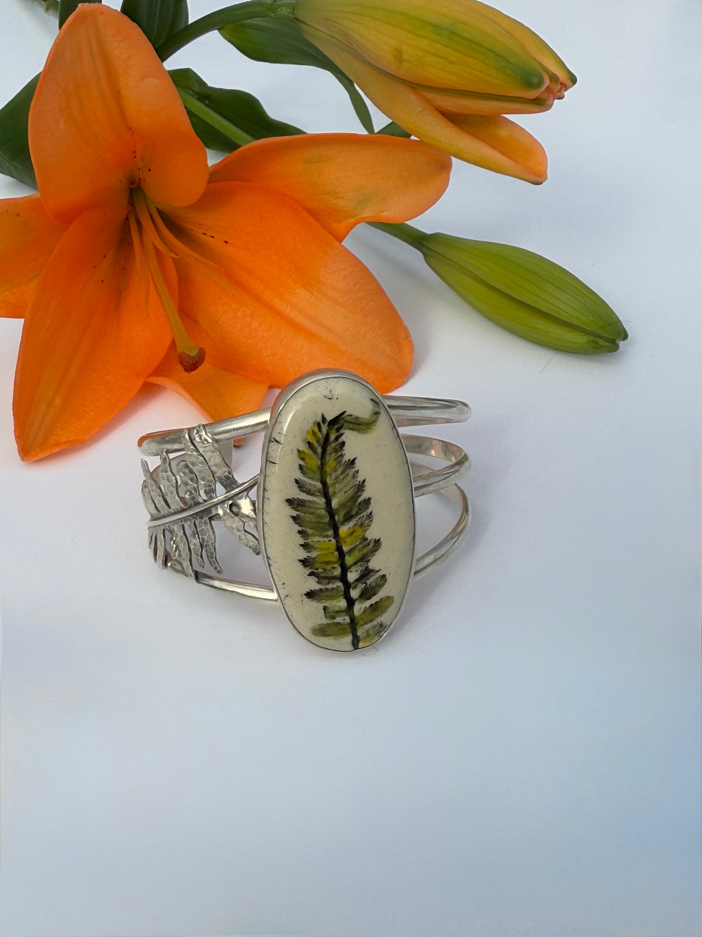 Sanctuary Cuff: Sterling Silver & Ceramic Sword Fern