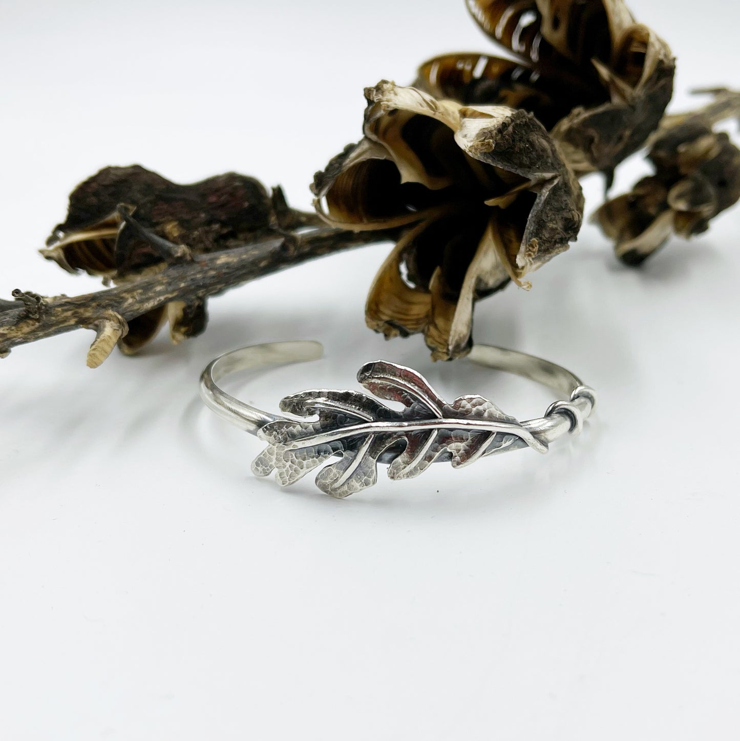 Steadfast Strength: Sterling Silver Handcrafted Oak Leaf Cuff