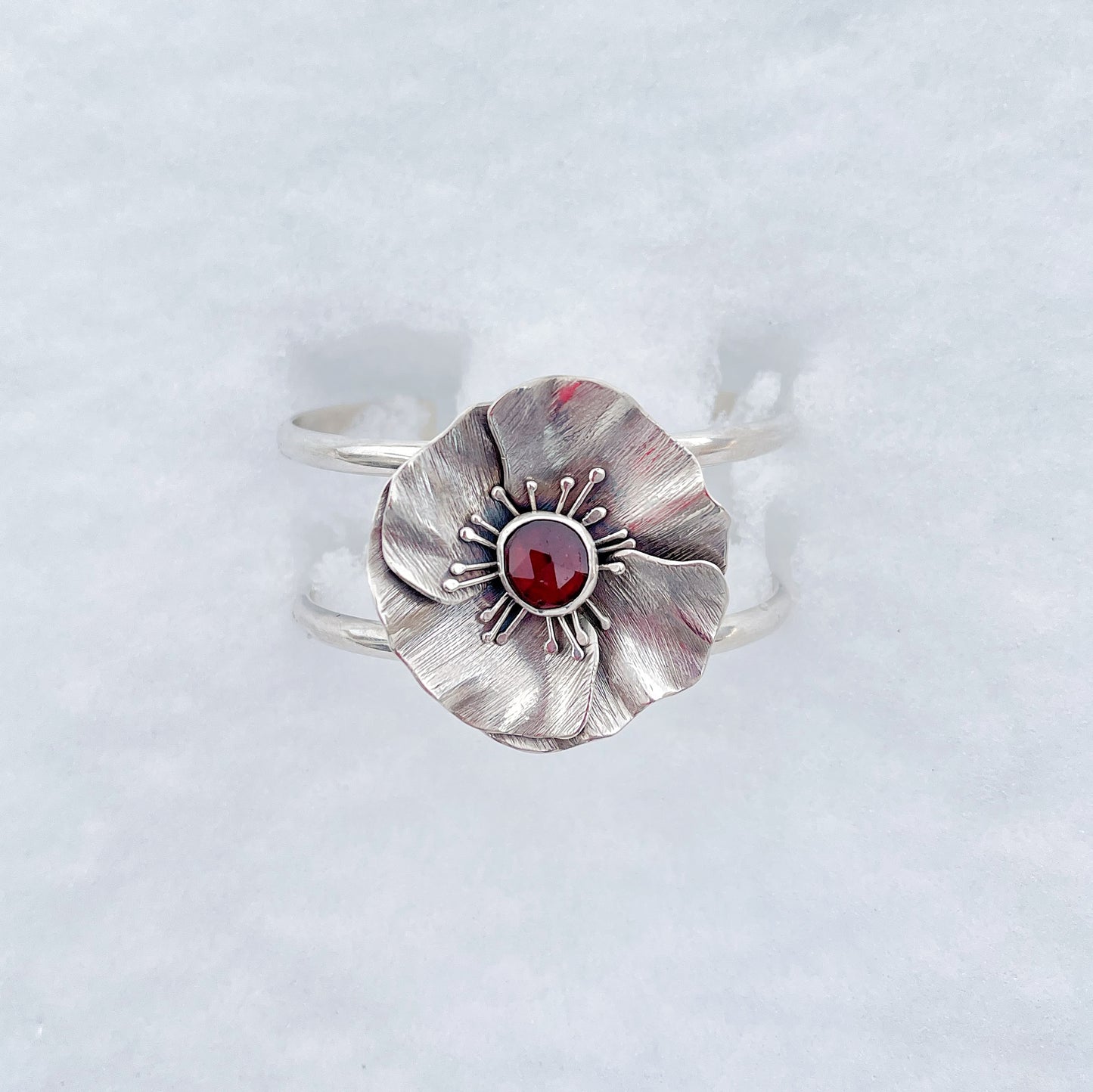 Wild Bloom Cuff: Sterling Silver and Hessonite Garnet Poppy