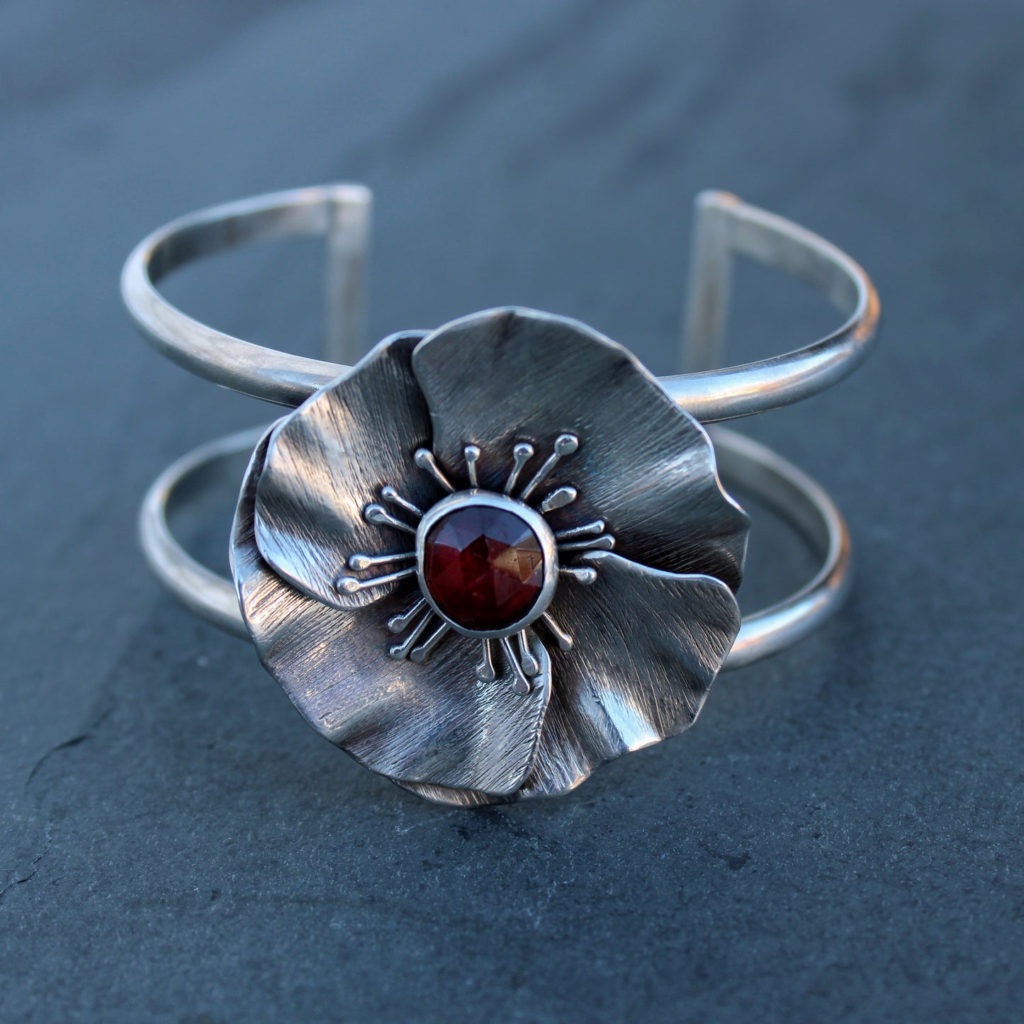 Wild Bloom Cuff: Sterling Silver and Hessonite Garnet Poppy