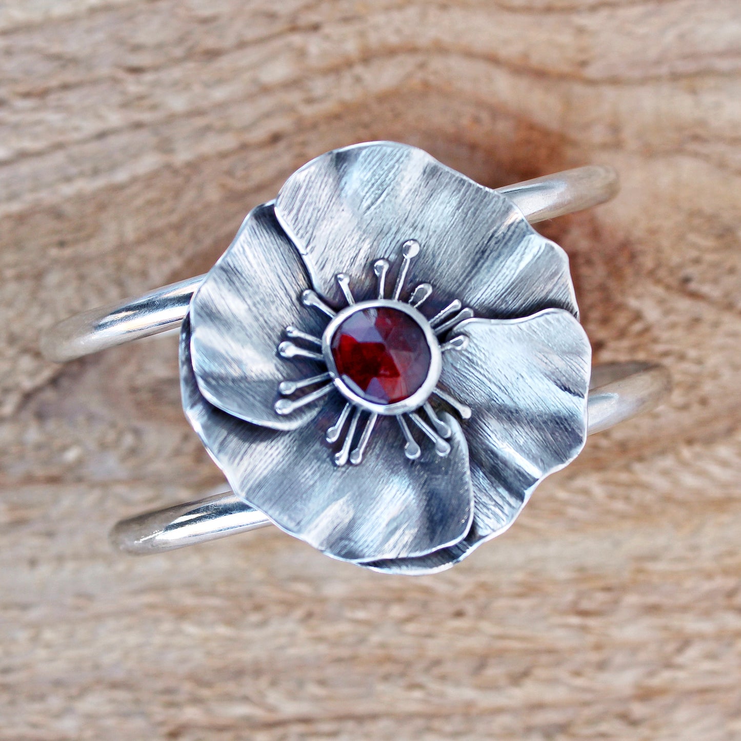 Wild Bloom Cuff: Sterling Silver and Hessonite Garnet Poppy