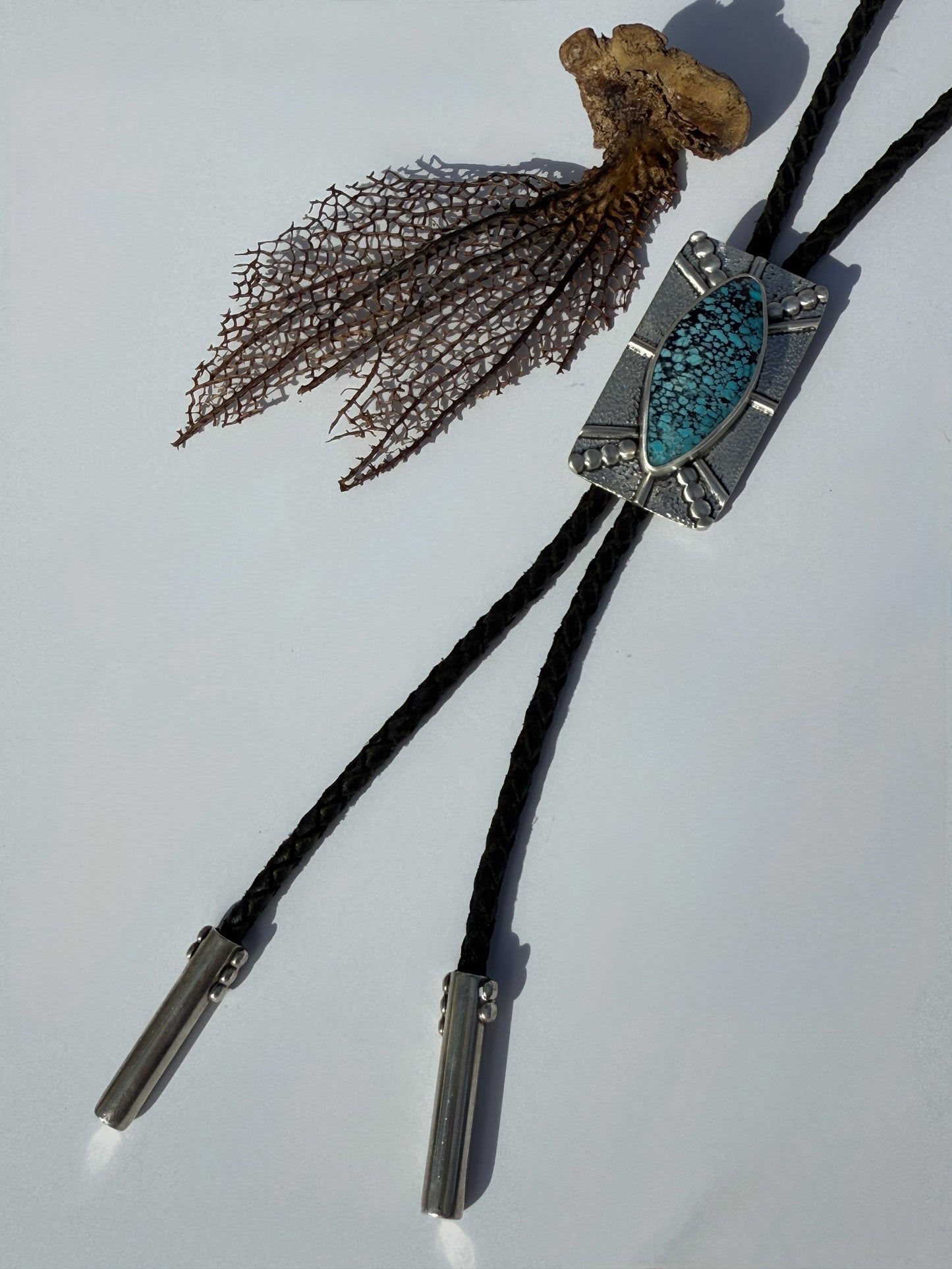 Wild River Currents Bolo Tie: Sterling Silver & Spiderweb Turquoise