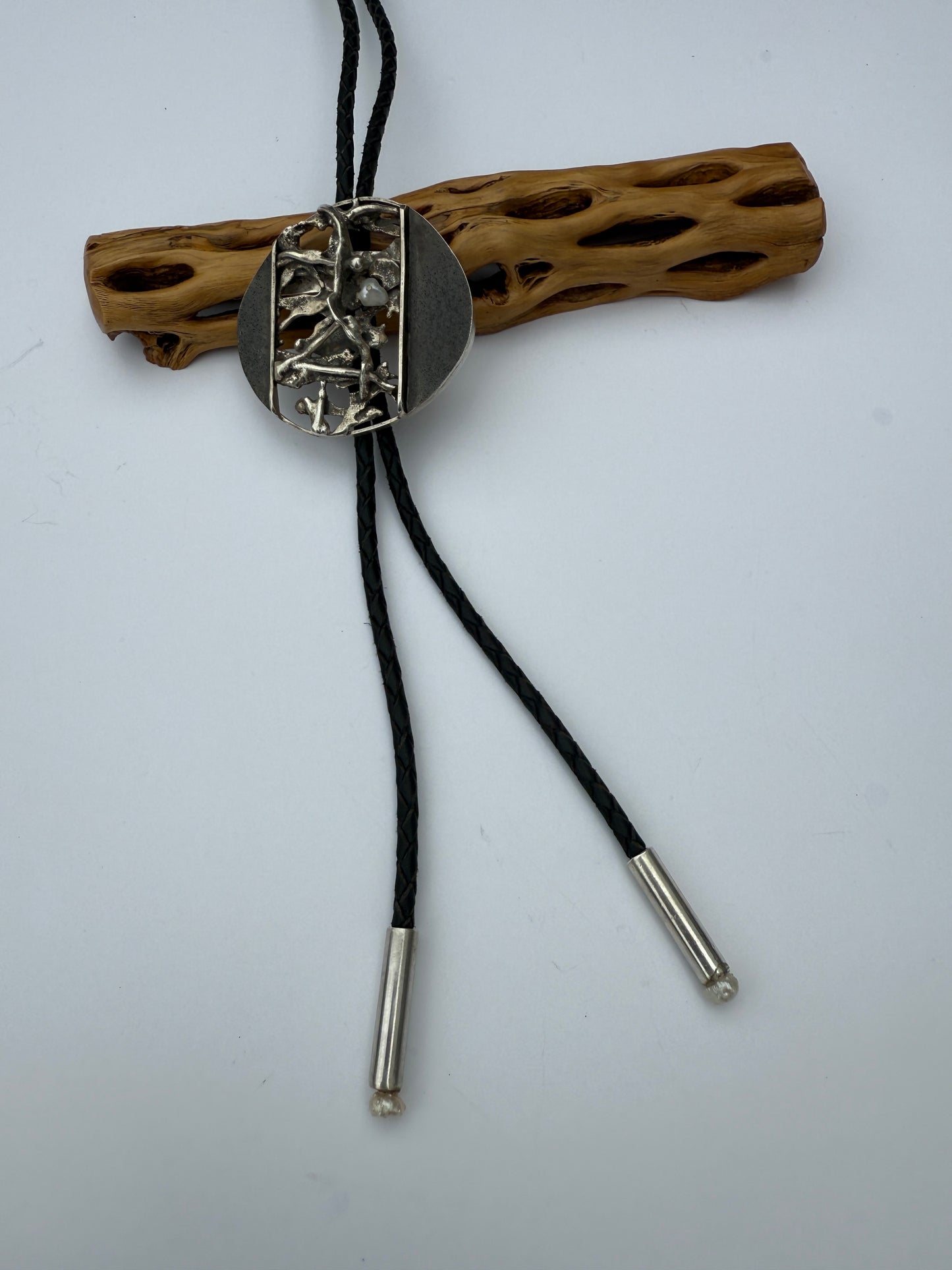 Moonlit Rugged Forest Bolo Tie: Sterling Silver & Freshwater Pearl