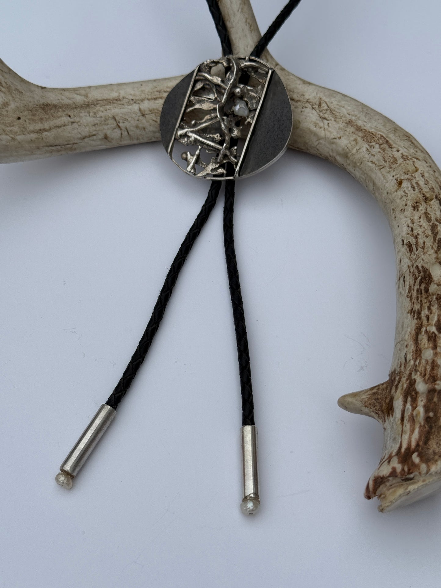Moonlit Rugged Forest Bolo Tie: Sterling Silver & Freshwater Pearl