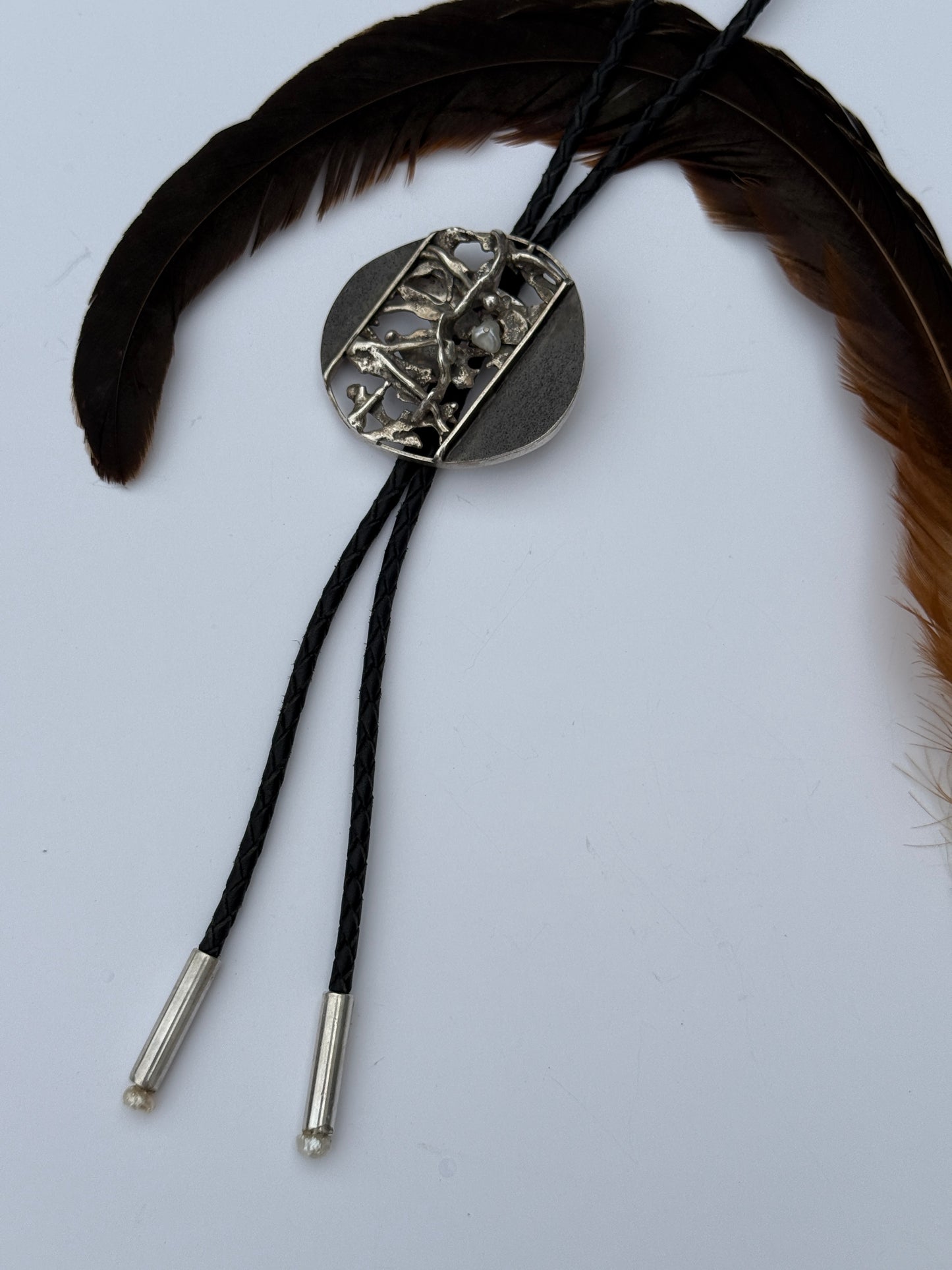 Moonlit Rugged Forest Bolo Tie: Sterling Silver & Freshwater Pearl