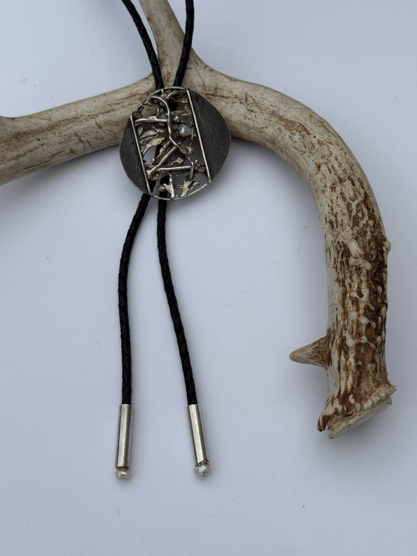 Moonlit Rugged Forest Bolo Tie: Sterling Silver & Freshwater Pearl