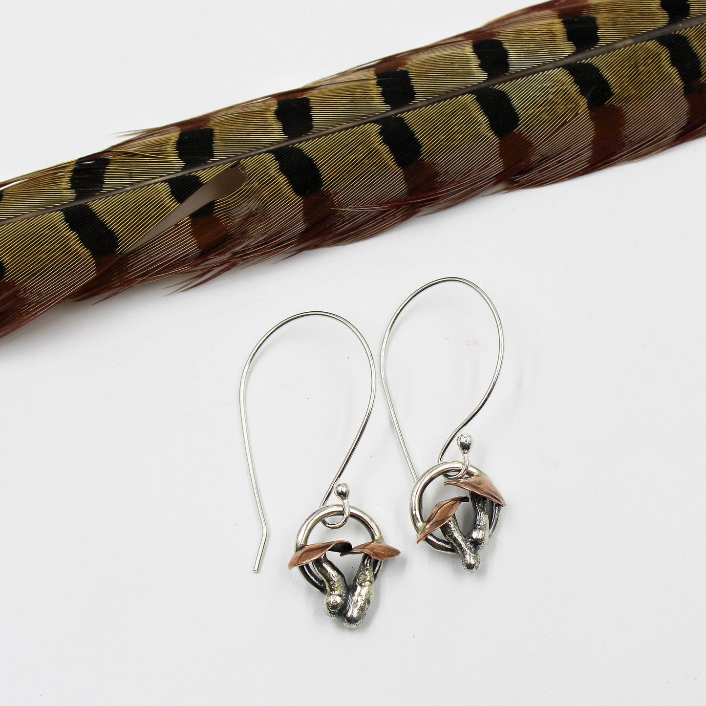 Mushroom Whispers Earrings: Sterling Silver and Copper Mushrooms
