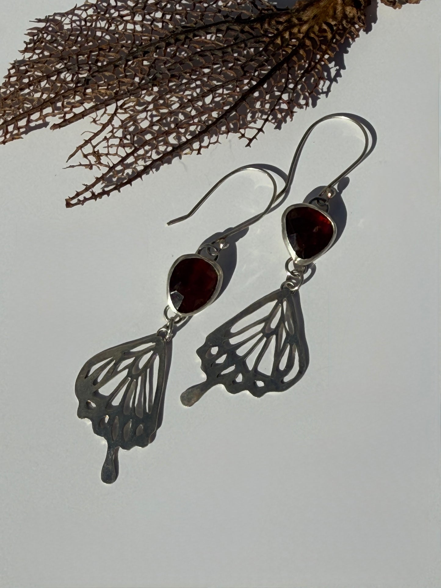 Crimson Wing Earrings: Sterling Silver Butterfly Wings & Hessonite Garnet