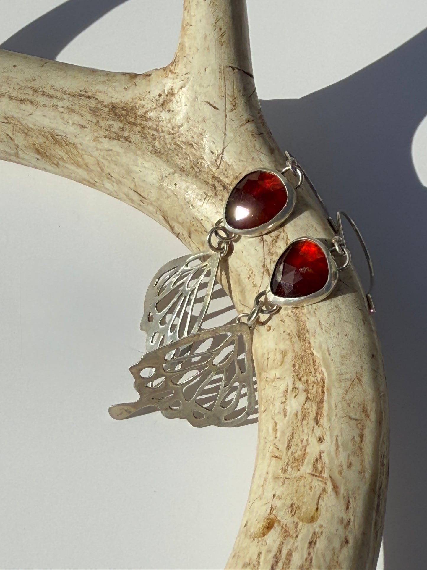 Crimson Wing Earrings: Sterling Silver Butterfly Wings & Hessonite Garnet