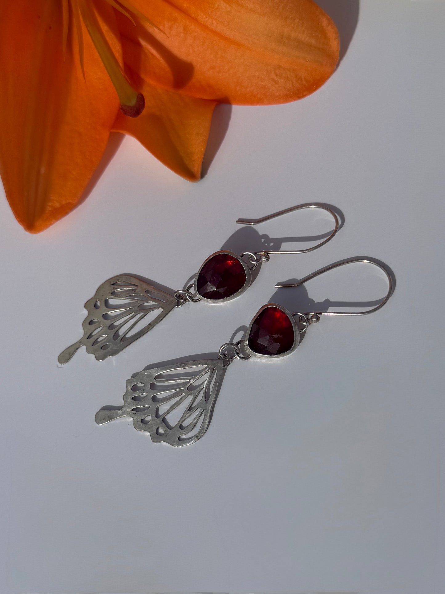 Crimson Wing Earrings: Sterling Silver Butterfly Wings & Hessonite Garnet