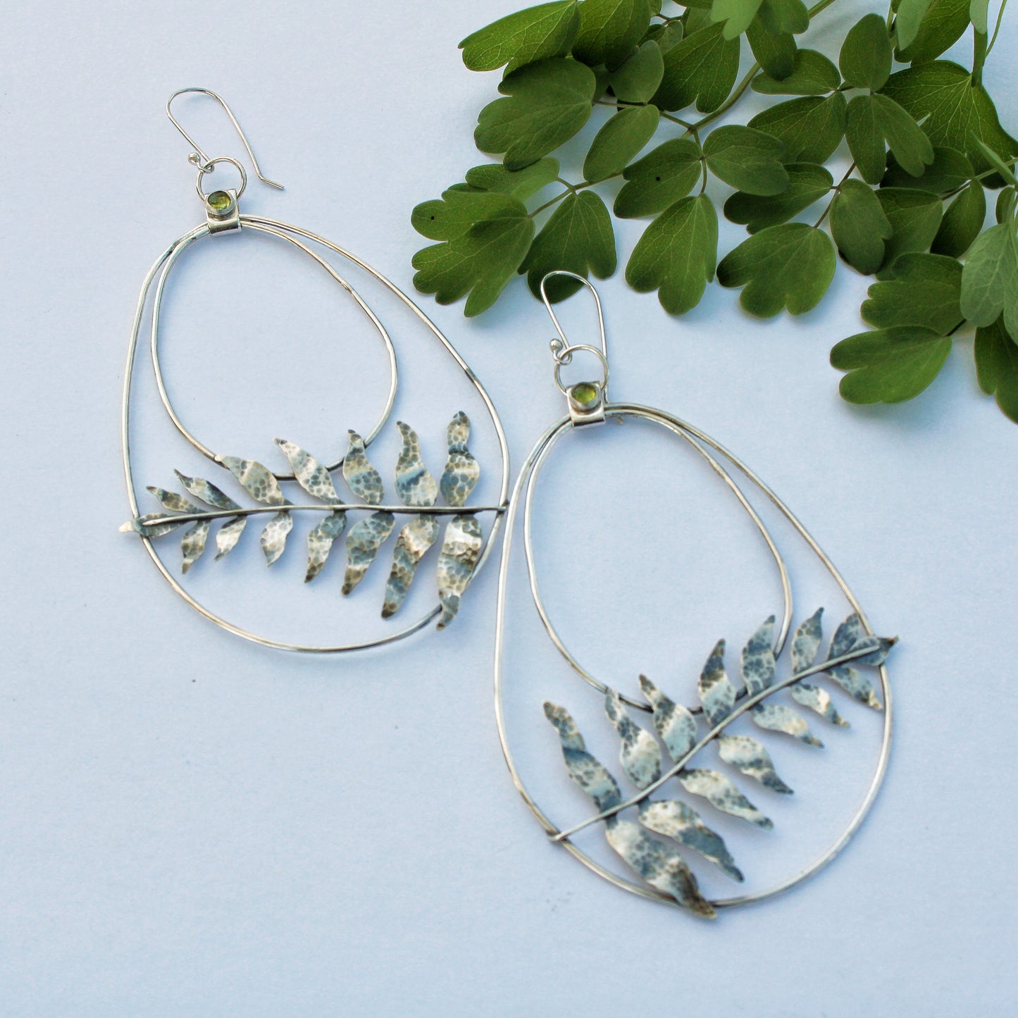 Fernsong Hoops 🌿✨: Sterling Silver Sword Ferns & Peridot