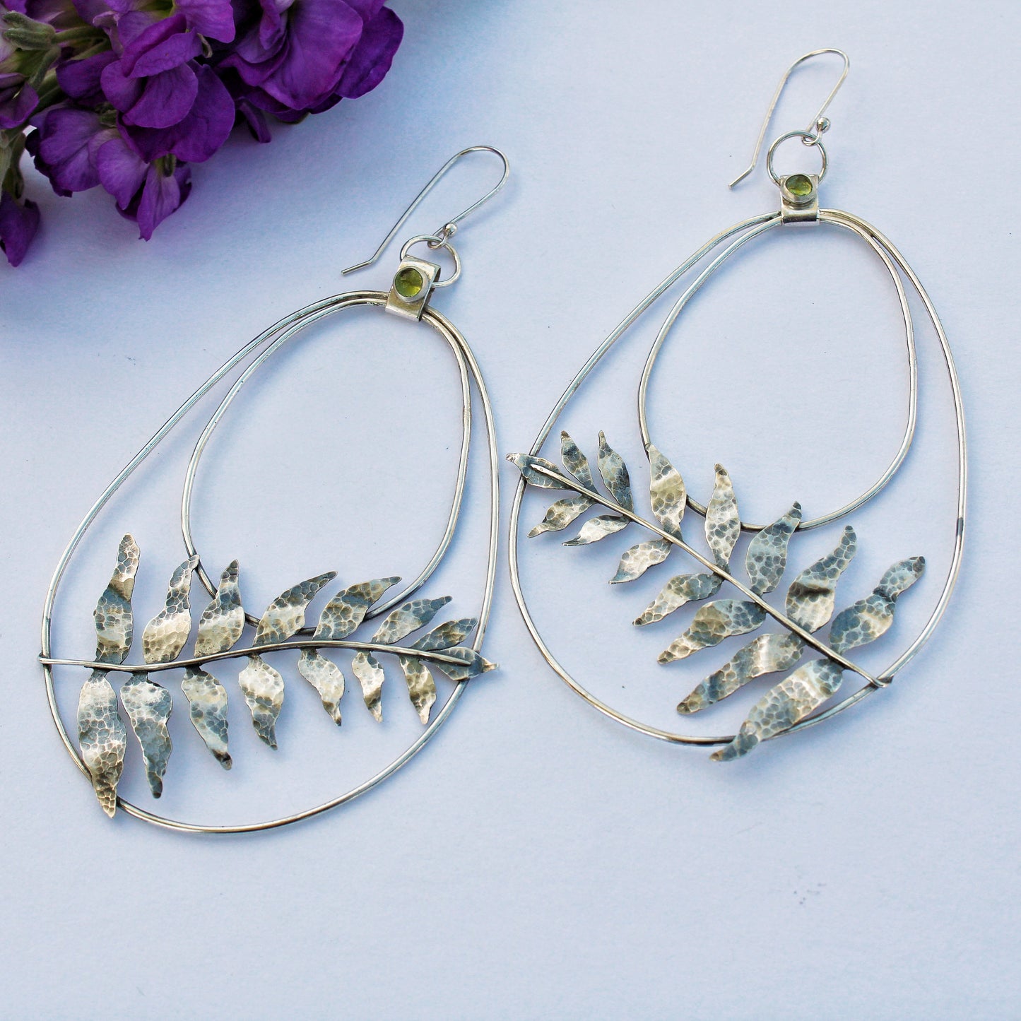 Fernsong Hoops 🌿✨: Sterling Silver Sword Ferns & Peridot