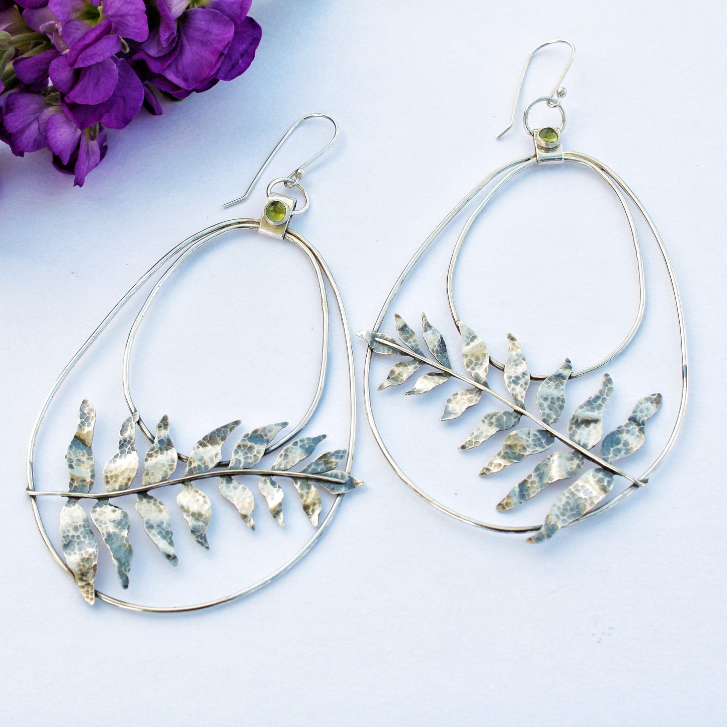 Fernsong Hoops: Sterling Silver Sword Ferns & Peridot