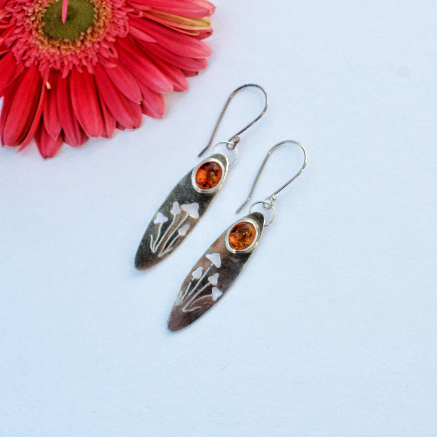 Mystic Mushroom Earrings: Sterling Silver & Baltic Amber
