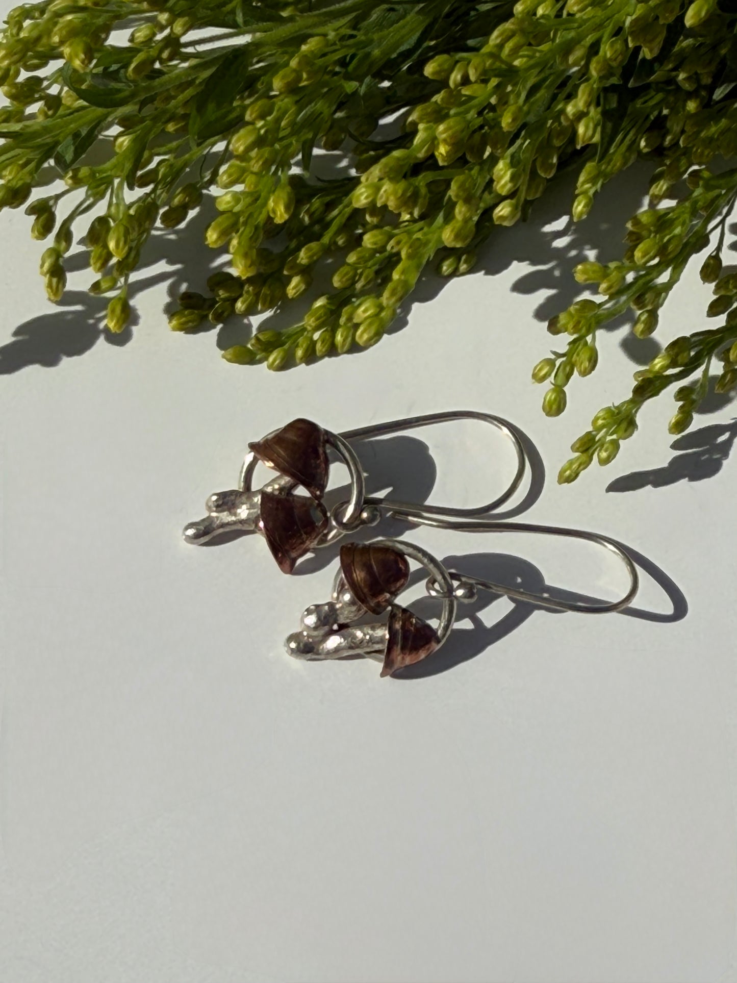 Mushroom Whispers Earrings: Sterling Silver and Copper Mushrooms