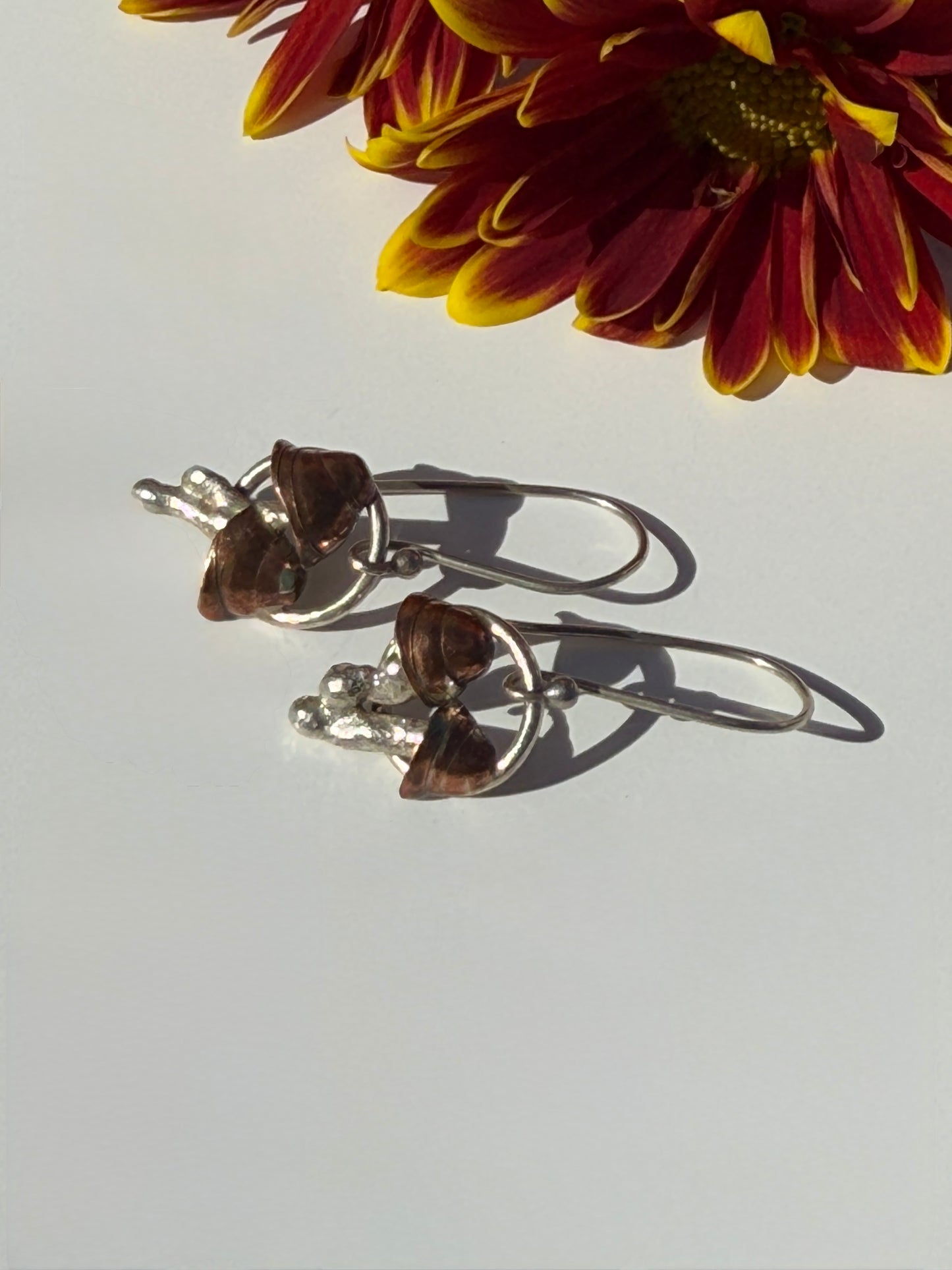 Mushroom Whispers Earrings: Sterling Silver and Copper Mushrooms
