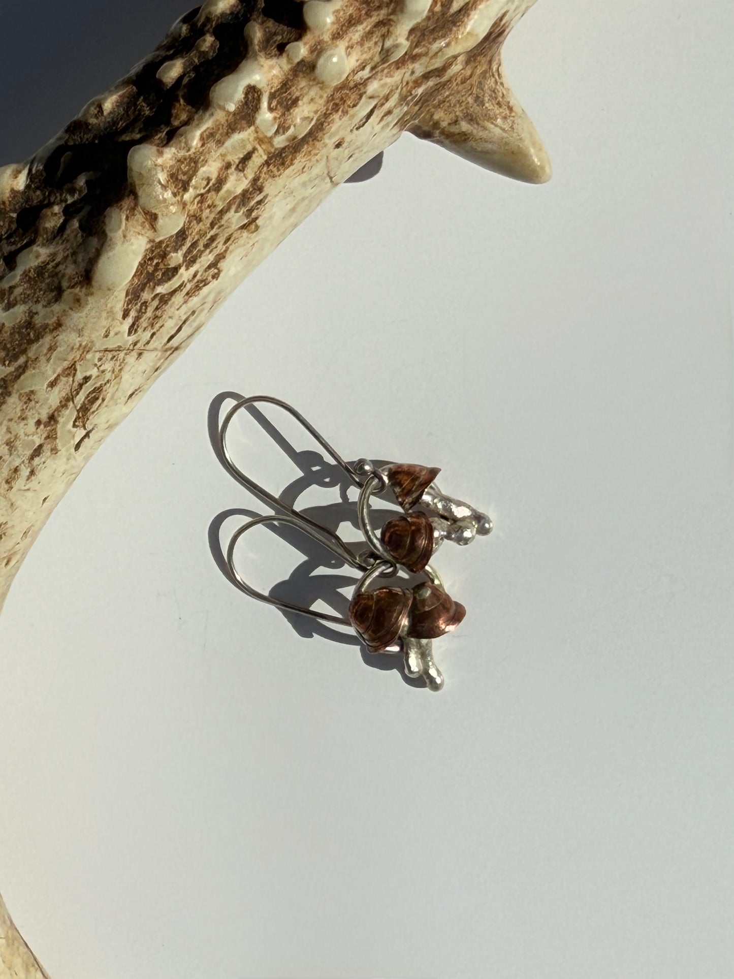 Mushroom Whispers Earrings: Sterling Silver and Copper Mushrooms