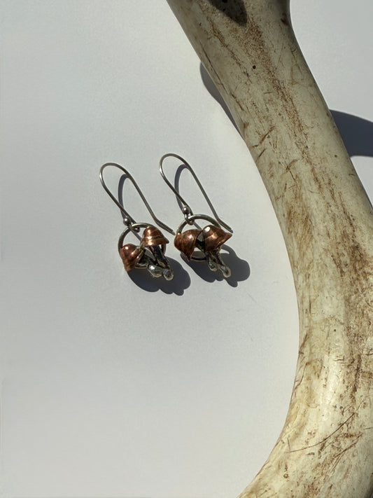 Mushroom Whispers Earrings: Sterling Silver and Copper Mushrooms