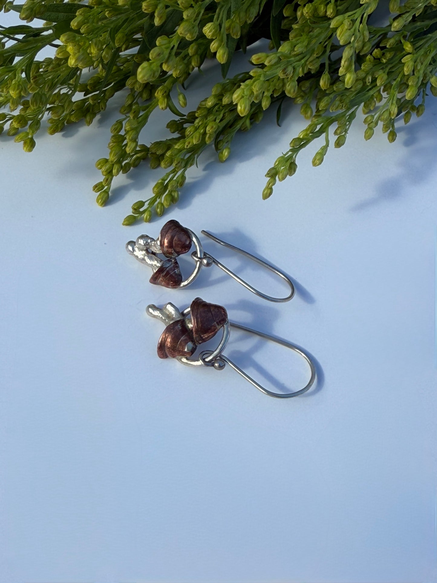 Mushroom Whispers Earrings: Sterling Silver and Copper Mushrooms