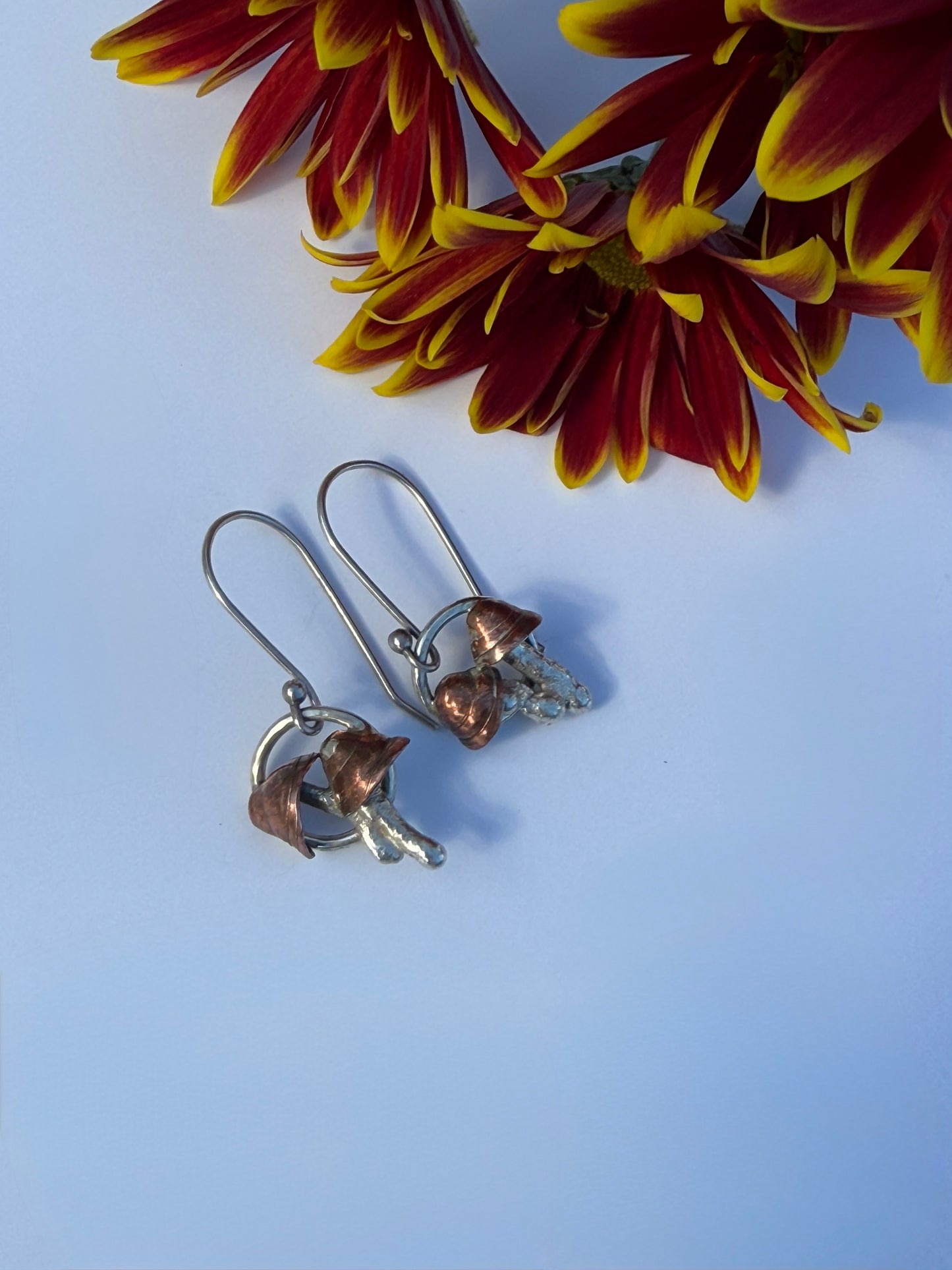 Mushroom Whispers Earrings: Sterling Silver and Copper Mushrooms