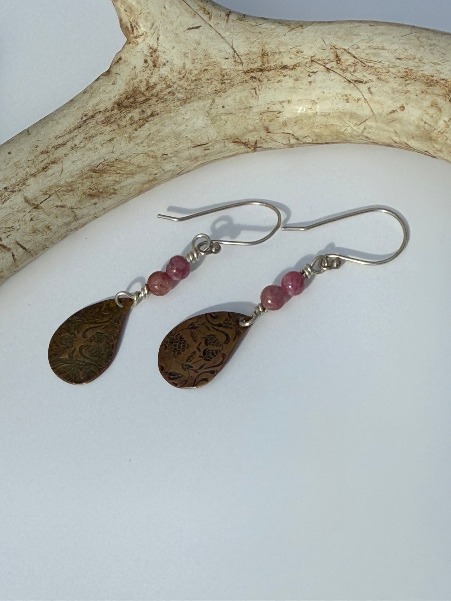 Copper Meadow Bloom Earrings: Copper Flower Imprint & Tourmaline