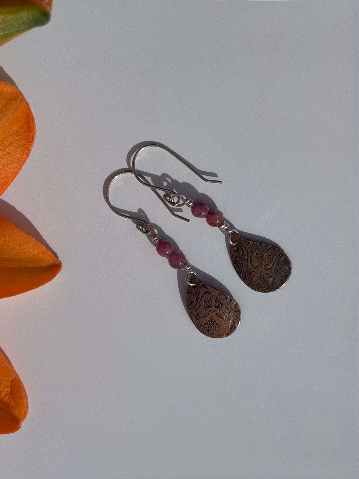 Copper Meadow Bloom Earrings: Copper Flower Imprint & Tourmaline