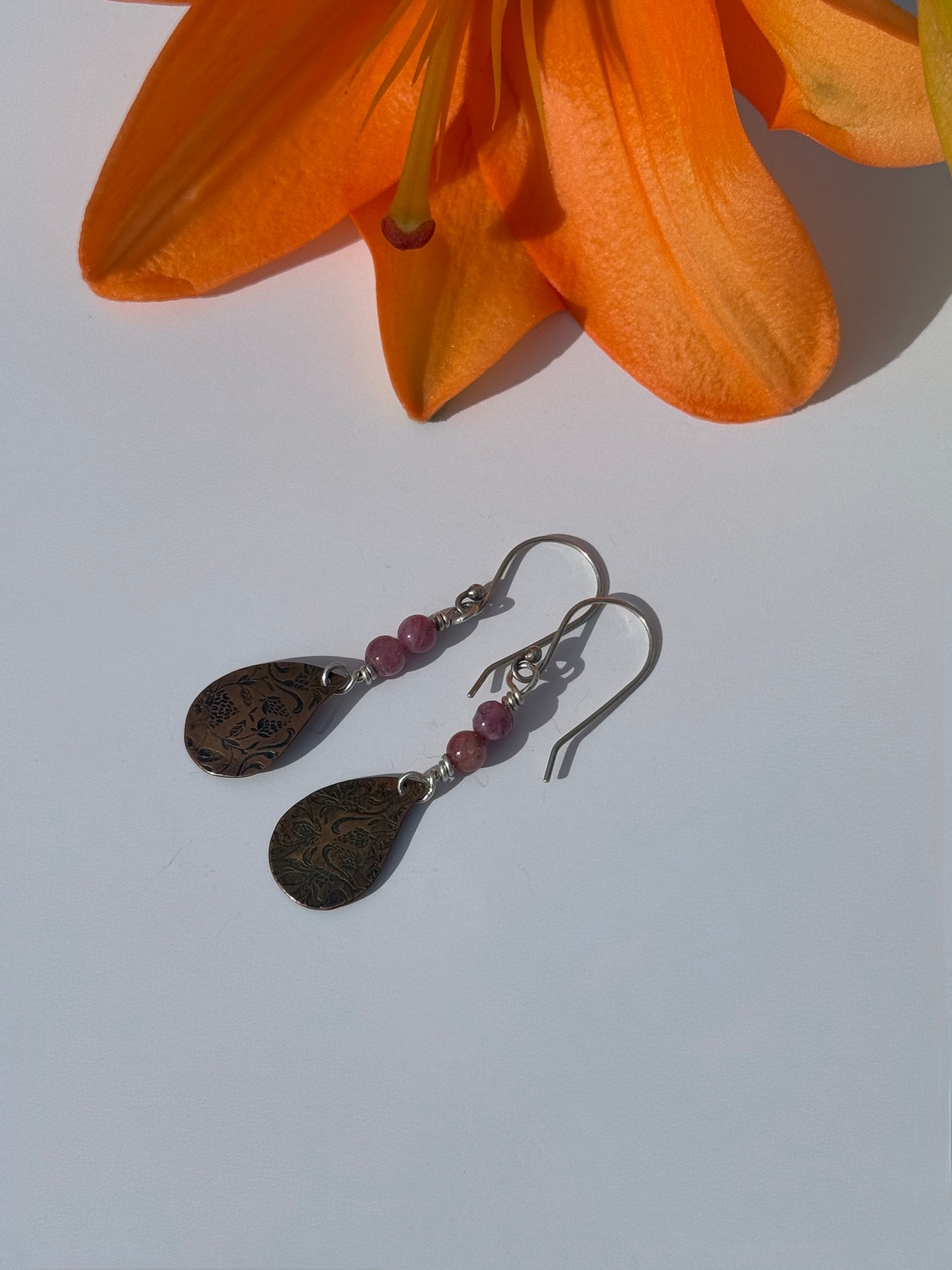 Copper Meadow Bloom Earrings: Copper Flower Imprint & Tourmaline