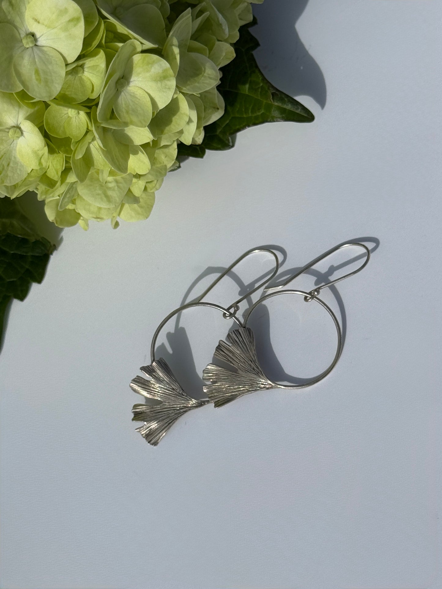 Resilience and Hope Gingko Hoop Earrings: Sterling Silver Gingko Leaves