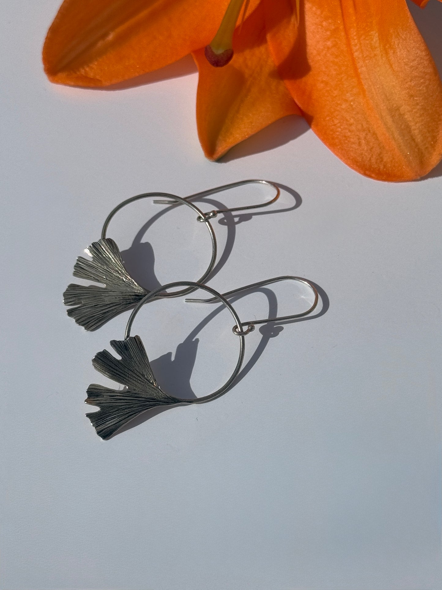 Resilience and Hope Gingko Hoop Earrings: Sterling Silver Gingko Leaves