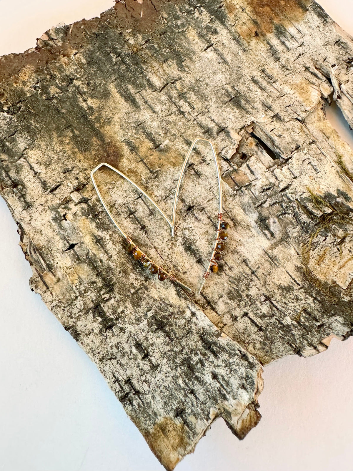 Tawny Thread Earrings: Argentium Wishbone Tiger Eye & Sterling Silver
