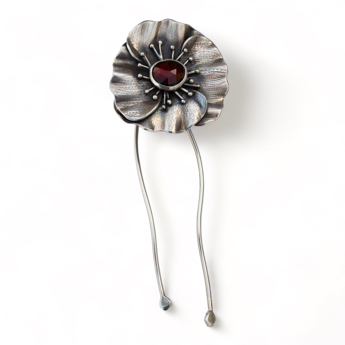 Wildflower Dawn Hair Fork: Sterling Silver Poppy & Hessonite Garnet