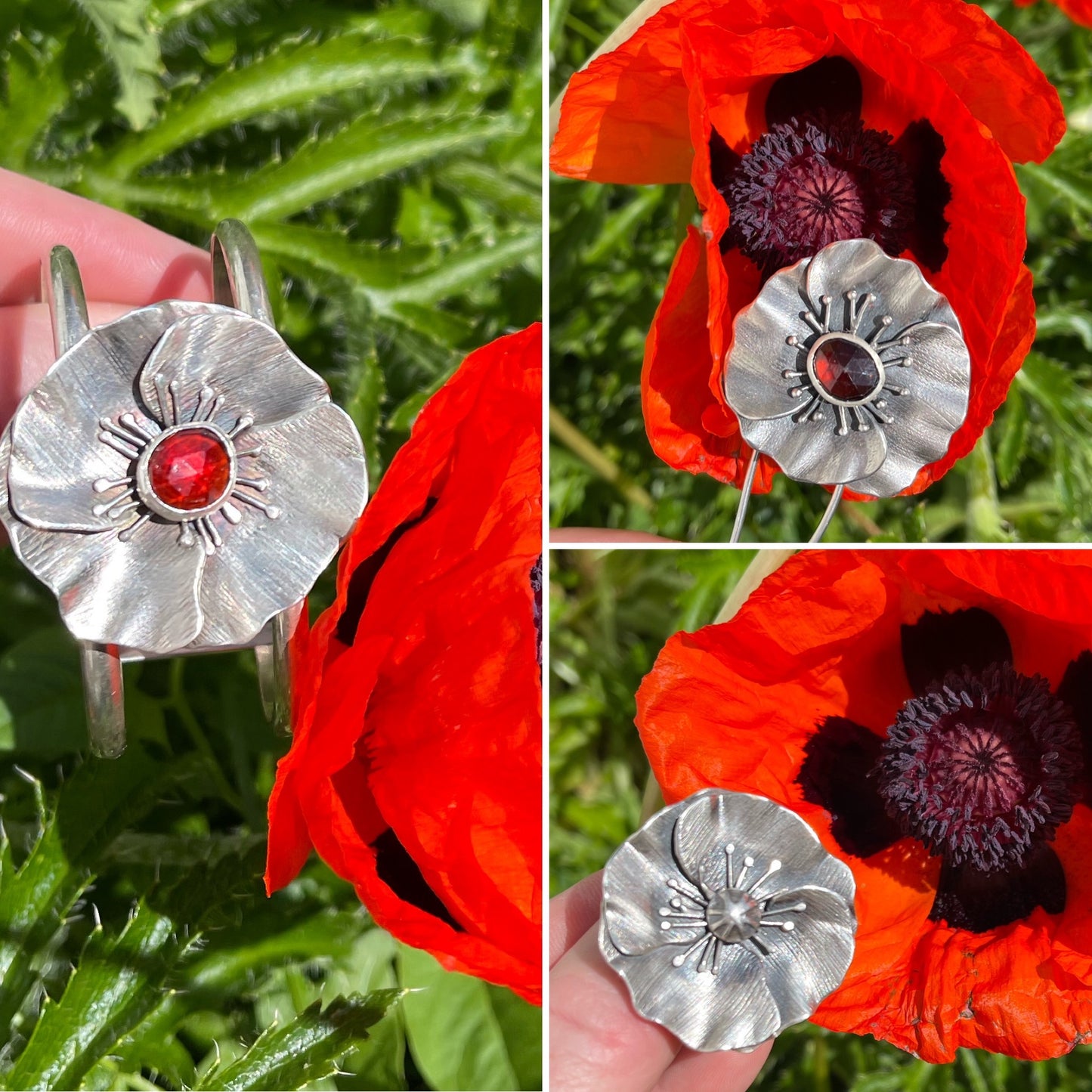 Wildflower Dawn Hair Fork: Sterling Silver Poppy & Hessonite Garnet