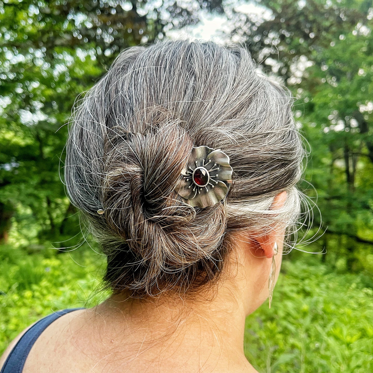 Wildflower Dawn Hair Fork: Sterling Silver Poppy & Hessonite Garnet