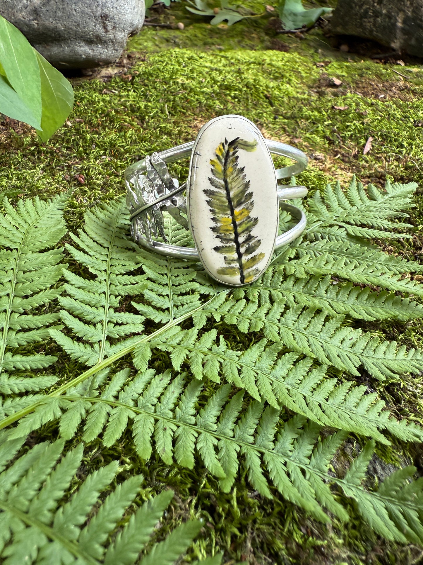 Sanctuary Cuff: Sterling Silver & Ceramic Sword Fern
