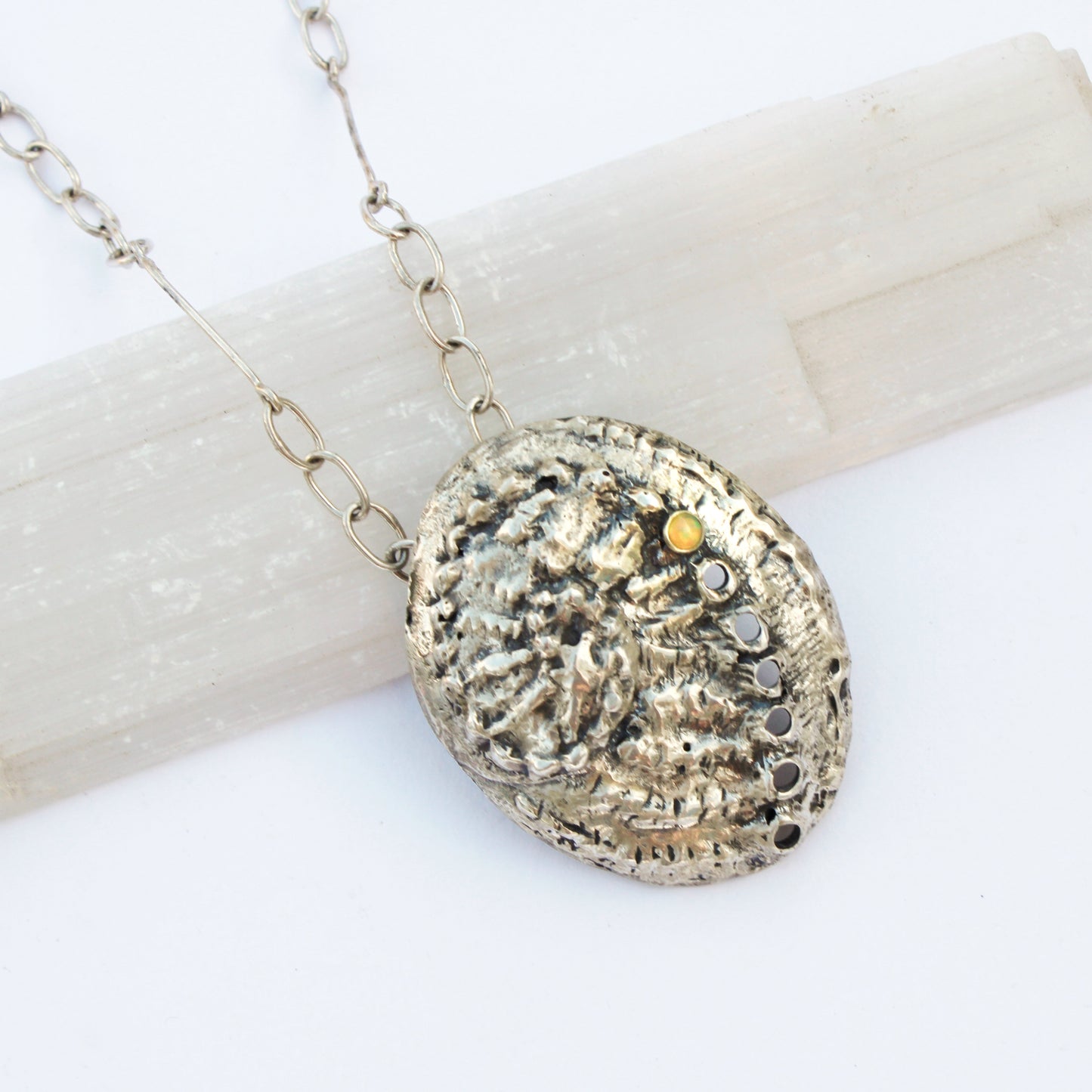 Breathing Tide Necklace: Hand-fabricated sterling silver abalone shell with Ethiopian Opal