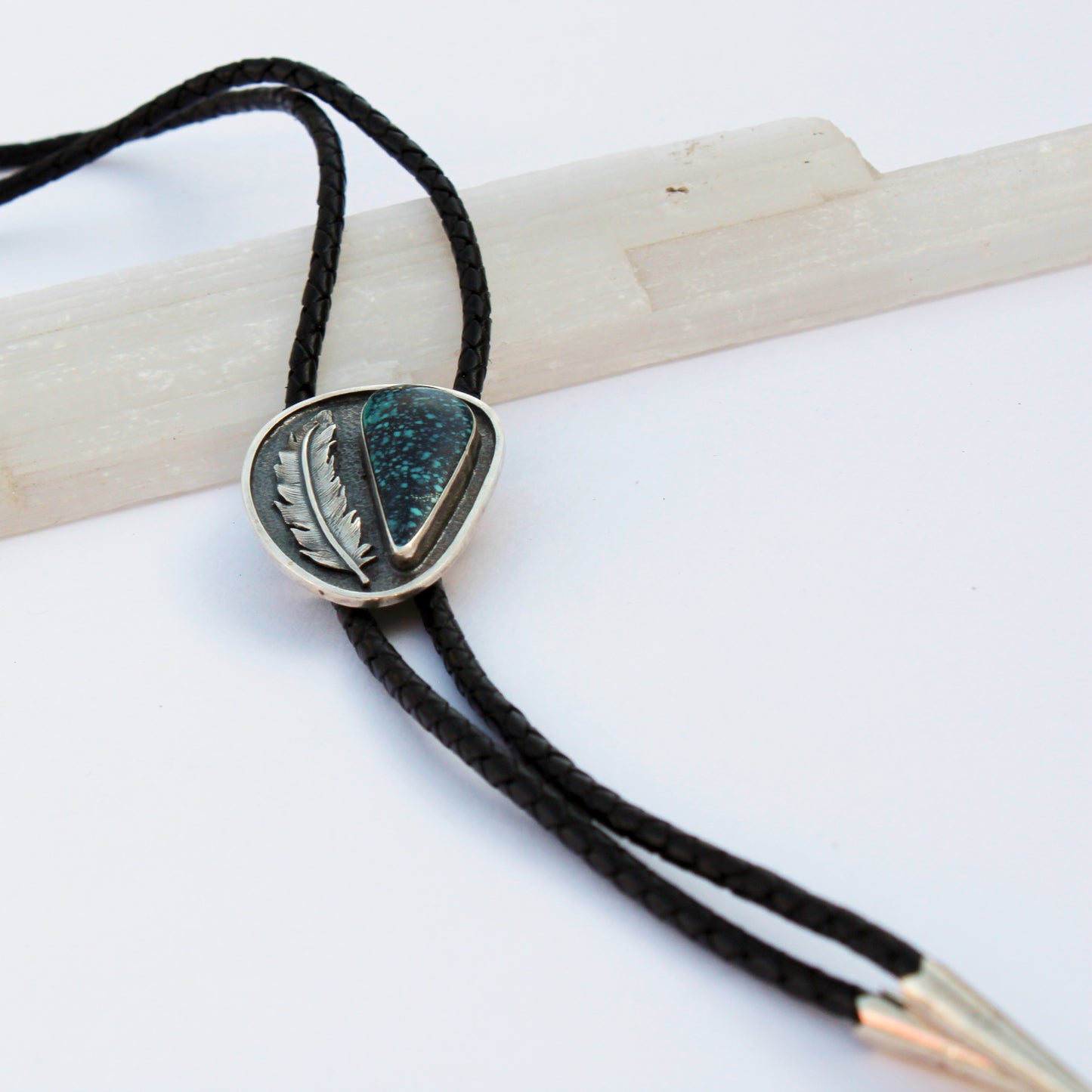 Skyward Feather Bolo Tie: Sterling Silver & Spiderweb Turquoise