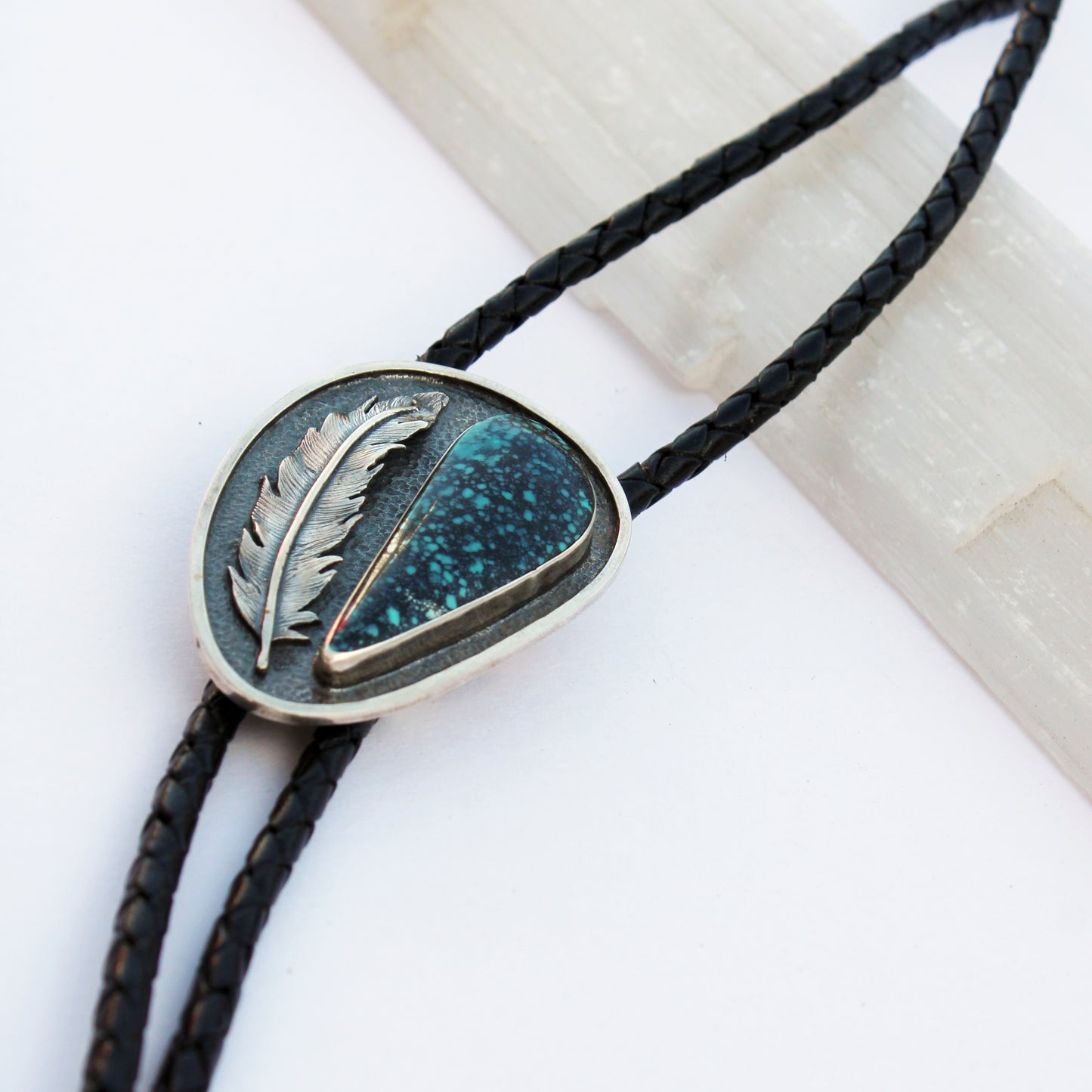 Skyward Feather Bolo Tie: Sterling Silver & Spiderweb Turquoise