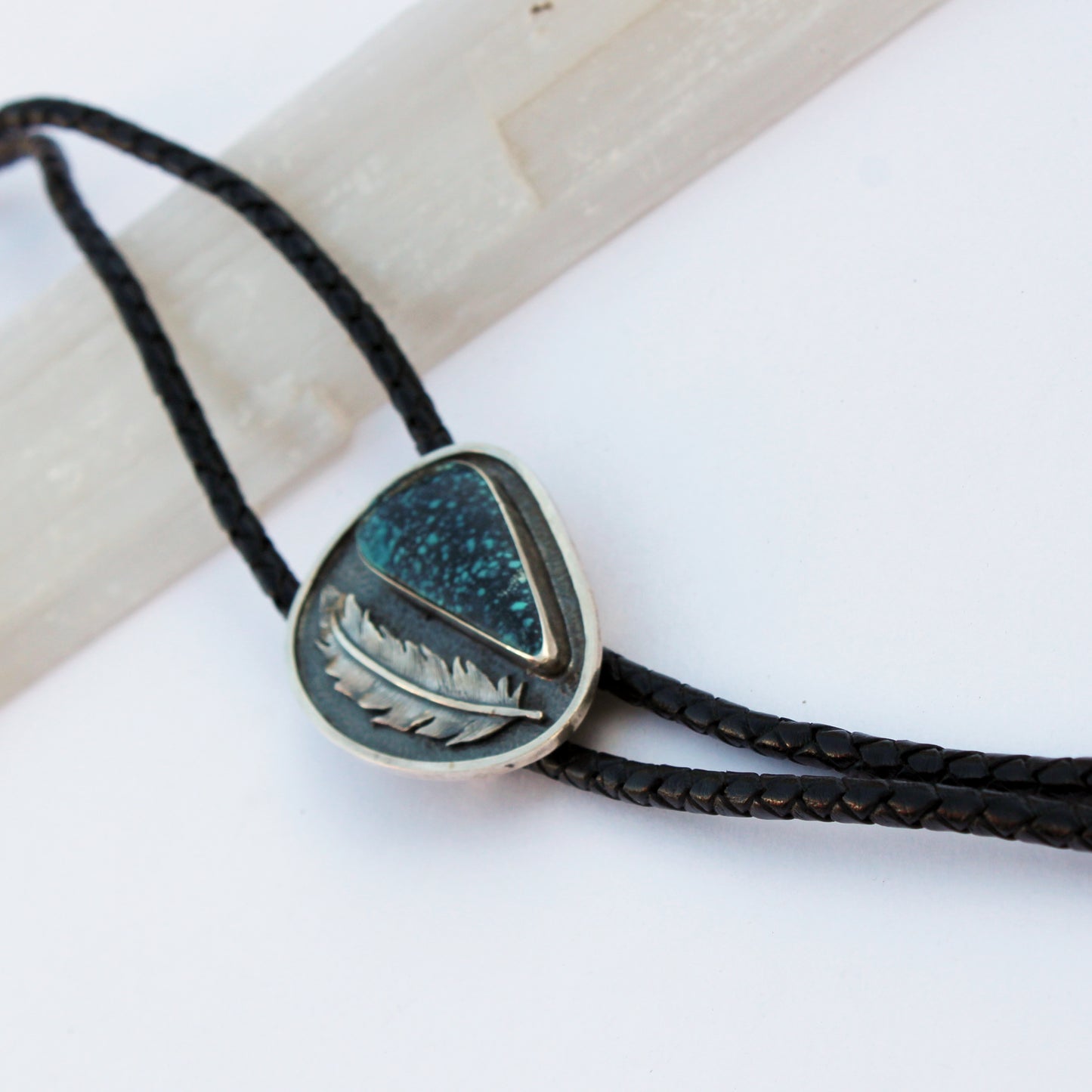 Skyward Feather Bolo Tie: Sterling Silver & Spiderweb Turquoise