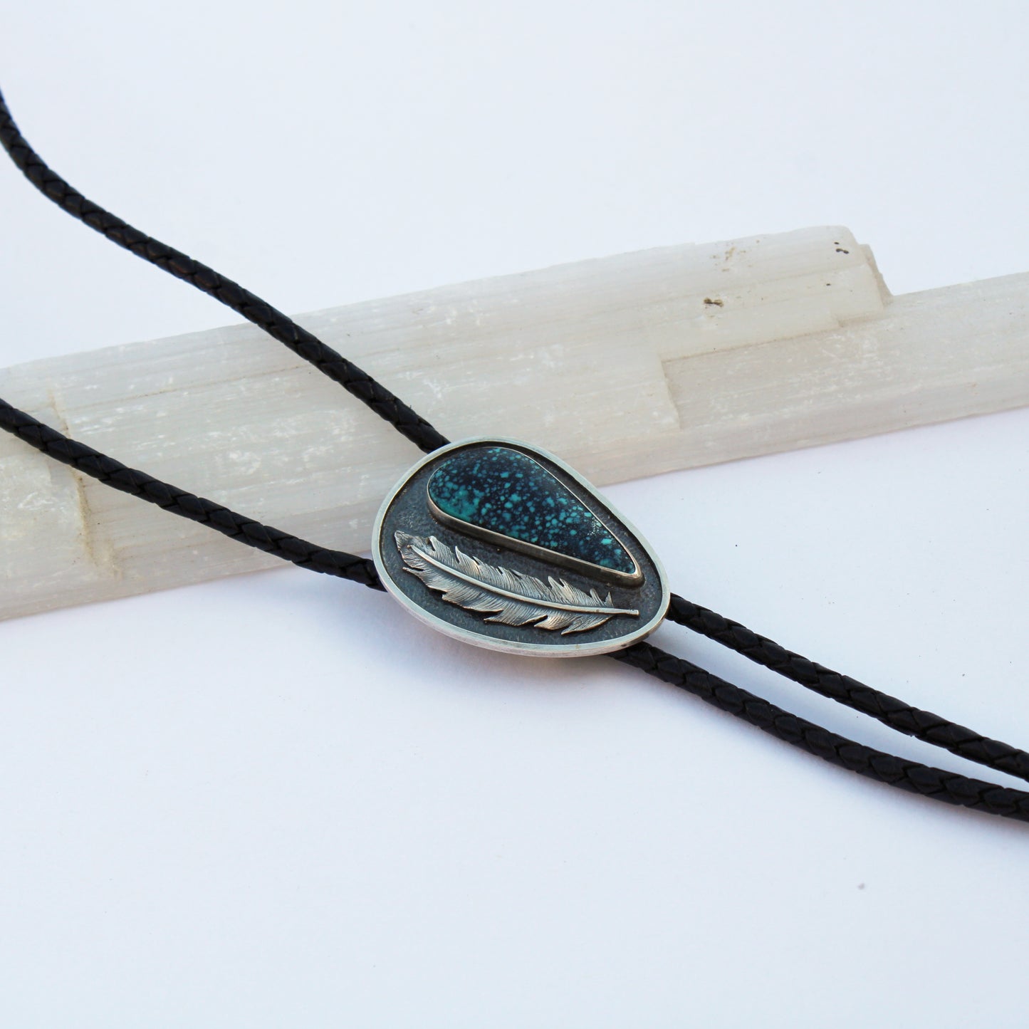 Skyward Feather Bolo Tie: Sterling Silver & Spiderweb Turquoise
