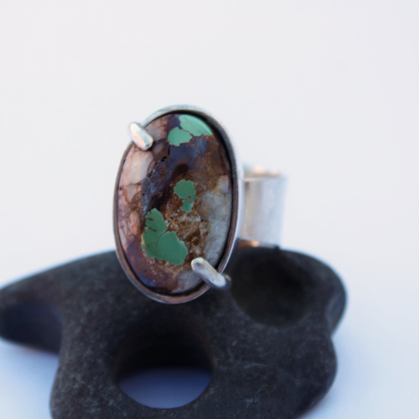 Riverbend Ring: Sterling Silver & Royston Ribbon Turquoise - size 9.75