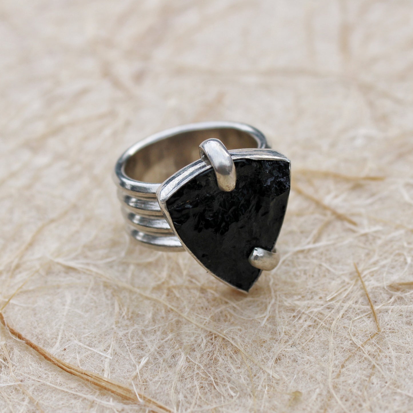Shadowstone Ring: Sterling Silver & Raw Black Tourmaline - size 7.5