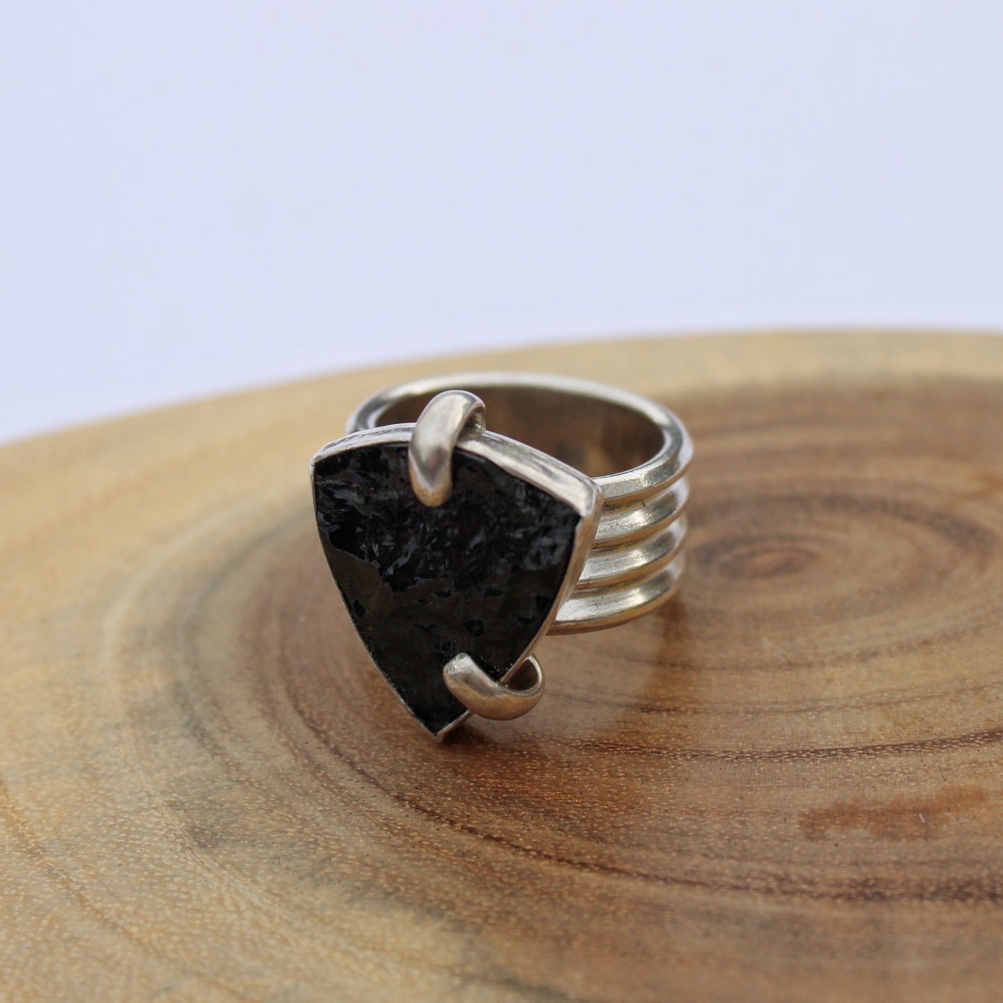 Shadowstone Ring: Sterling Silver & Raw Black Tourmaline - size 7.5