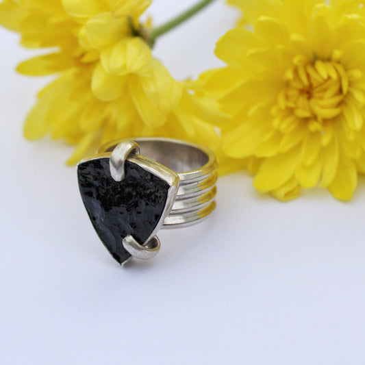 Shadowstone Ring: Sterling Silver & Raw Black Tourmaline - size 7.5