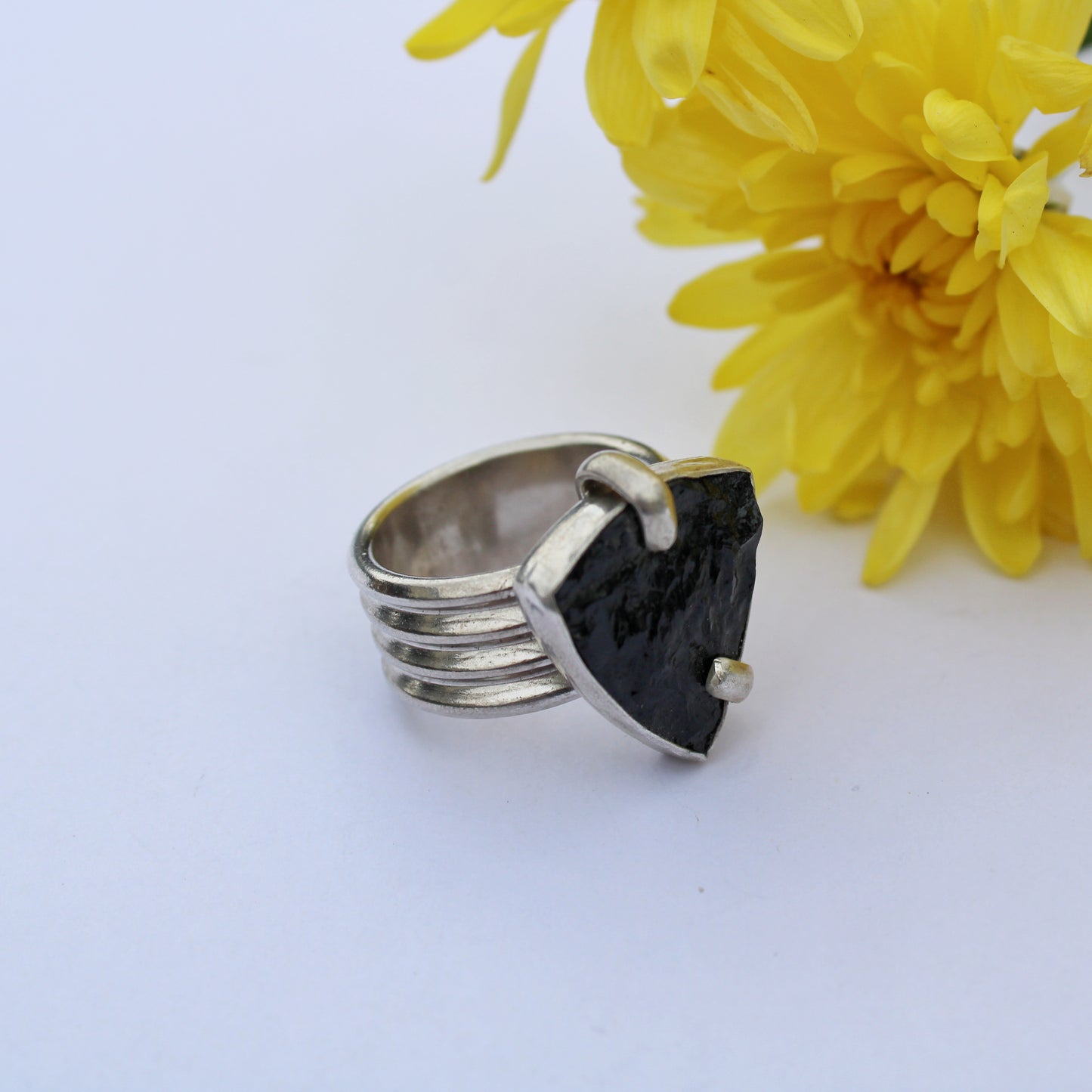 Shadowstone Ring: Sterling Silver & Raw Black Tourmaline - size 7.5
